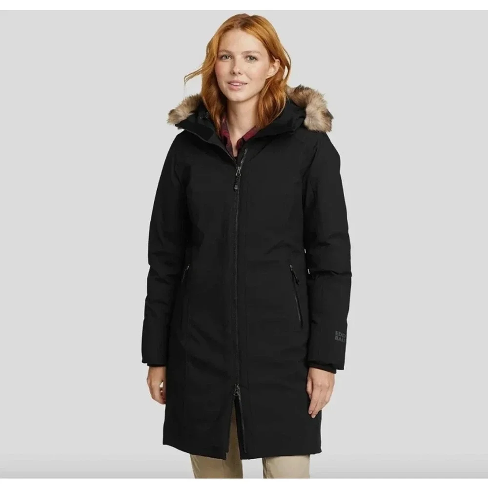 Eddie Bauer Women's Down 650 Fill Parka Coat Black Full Zip Hooded Size S